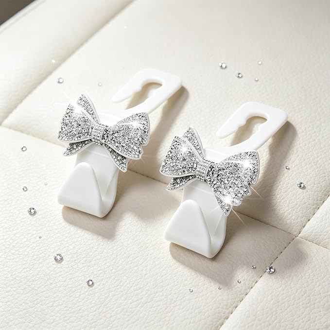 2-Pack Bling Car Seat Headrest Hooks, S Type Crystal Seat Back Hangers, Vehicle Seat Back Storage Hooks, Universal Car Rear Seat Organizer for Handbag, Purse, Coat, Grocery Bags (White) - Image 7