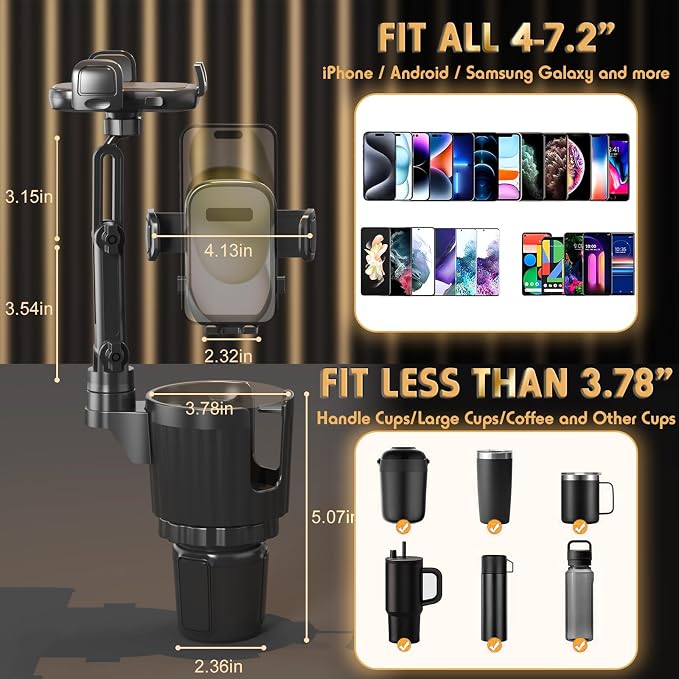 Phone Holders for Your Car, 2 in 1 Universal Stable Cup Car Phone Holder | Adjustable Base with Phone Mount, Hand Free, Long Arm, Non-Slip, 360°Rotation Cup Holder Phone Mount for All Smartphones - Image 4
