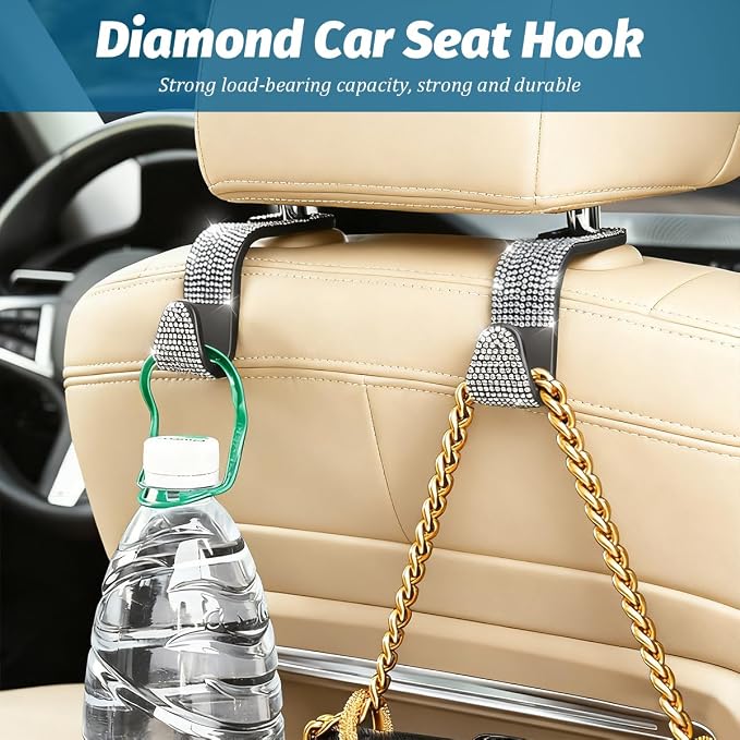 Zpana 4PCS Bling Car Seat Headrest Hooks, Vehicle Back Seat Purse Handbag Hanging Holder with Crystal Rhinestone, Diamond Storage Organizer Hook, Universal Automotive Accessories (Black/AB) | Vehicle Back Seat Purse Handbag Hanging Holder, Crystal Diam... - Image 4