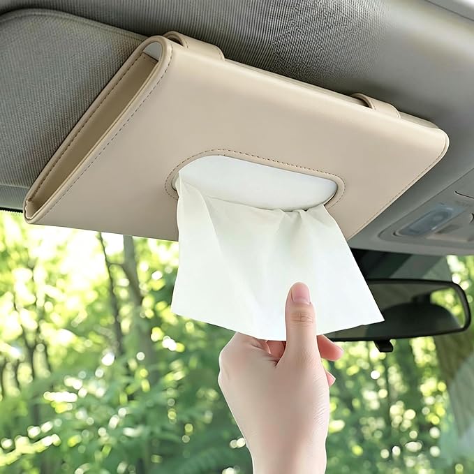 Car Tissue Holder, Car Sun Visor Napkin Box Beige | Premium PU Leather, Auto Napkin Case, Mask Holder for Vehicle, with Tissue Refill, Interior Accessories by Unknown