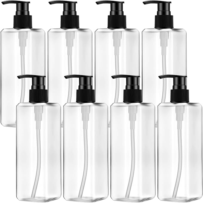 Didaey 8 Pcs Empty Shampoo Bottles with Pump 16 Oz Plastic Soap Dispenser Refillable Body Wash Bottles for Bathroom, Kitchen Sink, Hotel, Salon(Transparent, Black) by Didaey