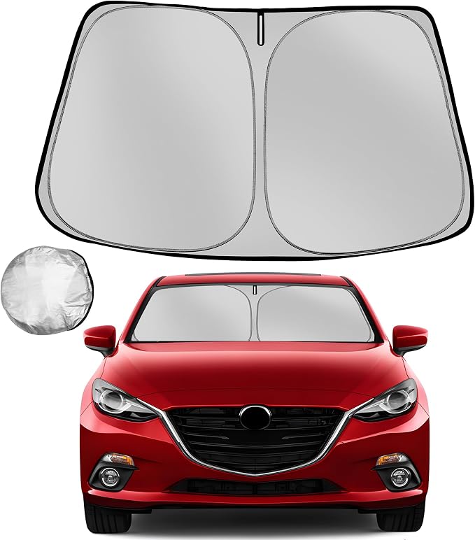 Windshield Sun Shade for 2014-2018 Mazda 3 | Foldable Sun Sunshade for Car Front Window Blocks UV Rays and Heat Automotive Interior Protector Custom Fit Accessories by Fonowka