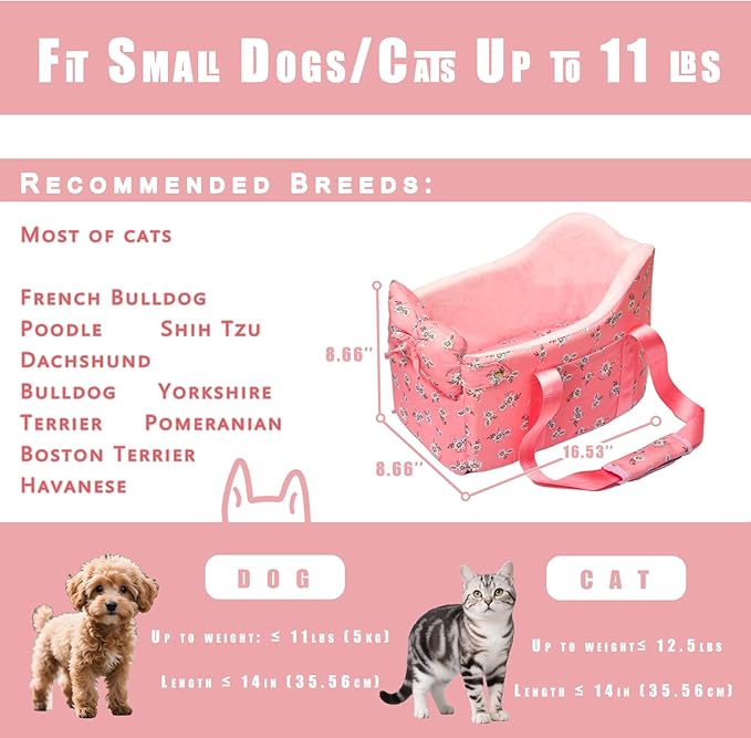 Console Dog Car Seat for Small Dogs Up to 11 Lbs, Pink Daisy | Portable Armrest Booster With Soft Cushion Safety Belt - Image 4