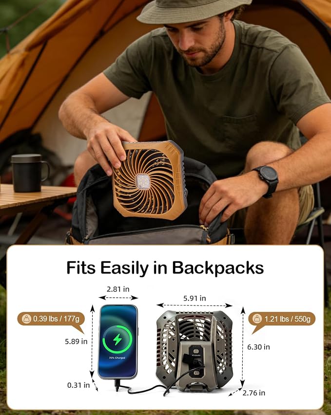 Odoland Portable Camping Fan with LED Lantern, 40H Rechargeable Battery Fan | Quiet Tent Fan with Hanging Hook for RV Car Beach Outdoor Hurricane Emergency Outages, 4-Speed Wind & 3-Color Light, Brown - Image 4