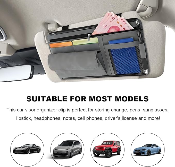 Car Sun Visor Organizer, Leather Sun Visor Pocket Organizer Case with Multi-Pocket Net Zipper, Suede Note Holder Car Visor Storage Pouch for Card Pen Sunglasses Document (Gray) - Image 5