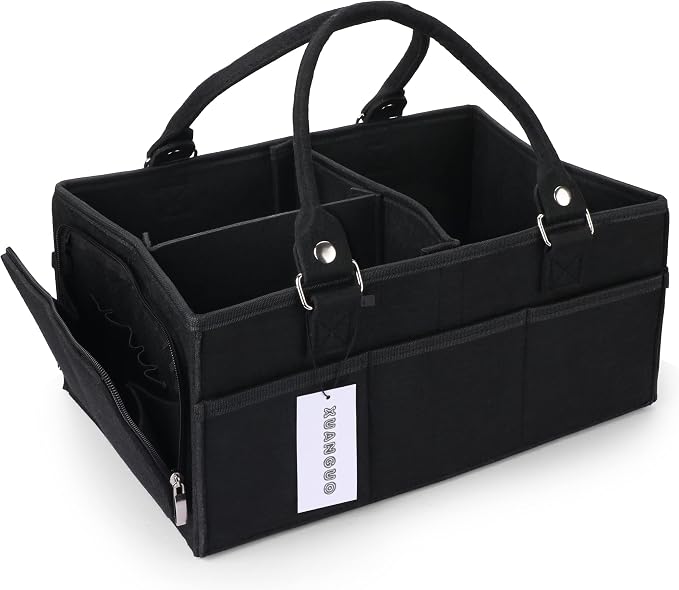 XUANGUO Large Baby Diaper Caddy Organizer, Felt Basket with Handles, Black | Nursery storage bin with dividers; portable tote bag for baby stuff, changing table or car, baby shower and registry gifts. by XUANGUO
