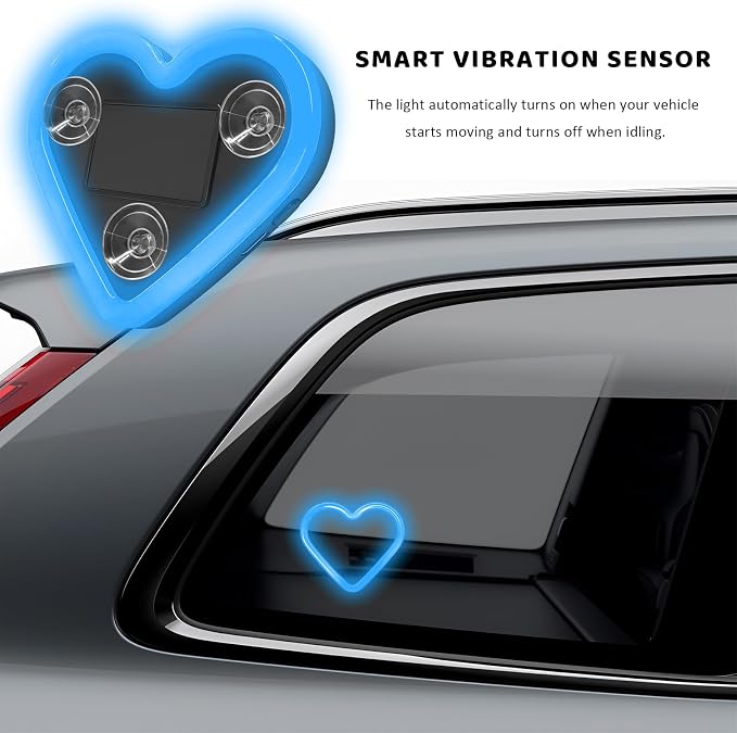 Sun Walker Heart-Shaped Car LED Ambient Light, Solar-Powered Love Heart Lamp Vehicle C-Pillar Atmosphere Light, Vibration-Sensing Triangle Window Lights Car Interior Decoration (Ice Blue) - Image 6