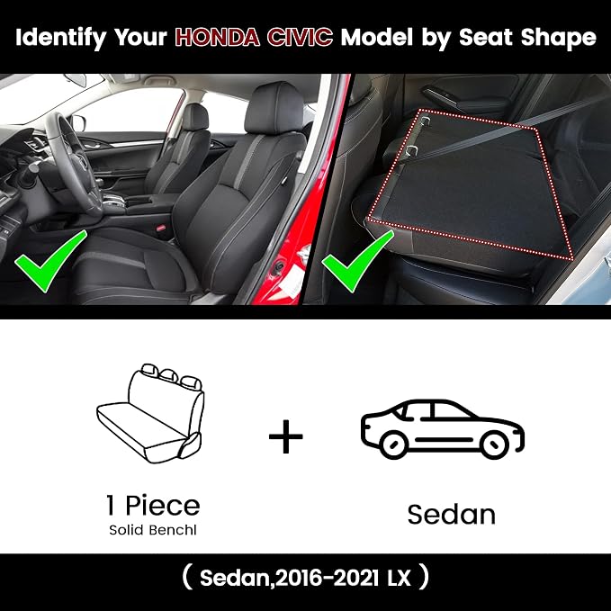 HKZ Custom Fit Civic Seat Covers for Honda Civic Sedan 2016 2017 2018 2019 2020 2021 LX (Not for LX-P)- 5-Seats Leather Full Set,Black - Image 2