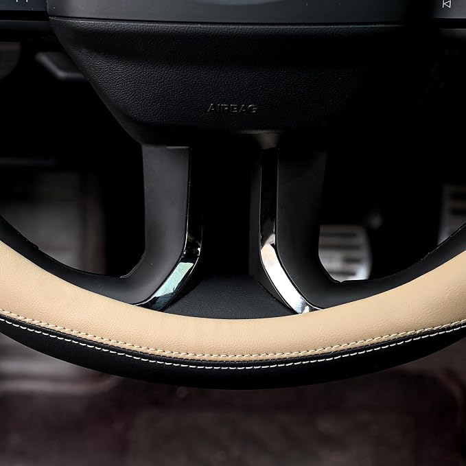Microfiber Leather Steering Wheel Cover Universal 15 inch (Beige) - Image 4