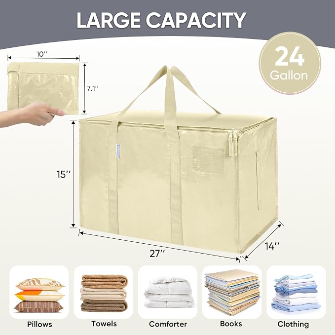 TICONN 6 Pack Extra Large Moving Bags Heavy Duty with Zippers & Carrying Handles, Durable Storage Bags Moving Boxes for Closet Organizers and Storage (6 Pack, Cream) - Image 5