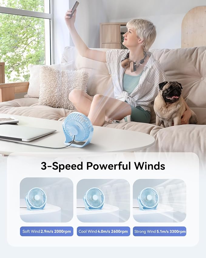 Edvision USB Desk Fan, 5 Inch Small Portable, 3 Speeds Powerful Wind Mini Personal Desktop Fan 360° Rotation Adjustable, Plug In USB Fan Quiet for Table Home Office Travel Car(Blue) - Image 4