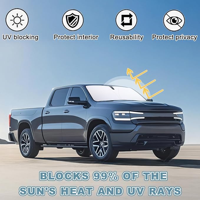 Premium Windshield Sun Shade for 2019-2025 2026 Dodge RAM 1500, Reflective 310T Material Front Window Sun Visor Blocks UV Rays Foldable Sunshade - Image 3