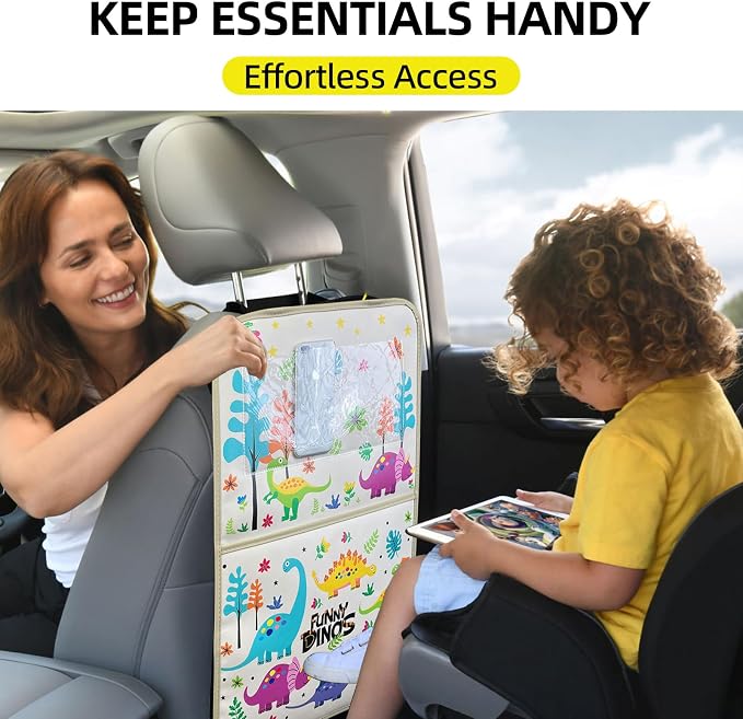 kids Leather Car Backseat Organizer with Foldable Table Tray, Car Storage Organizer with Tablet Holder, Car Seat Back Protectors Kick Mats, Travel Accessories (Dinosaur) - Image 9