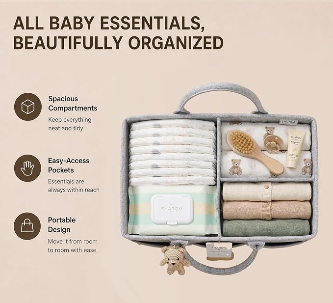 SHAROM Diaper Caddy Organizer for Baby, Portable Diaper Caddy Basket, Felt Baby Diaper Caddy & Baby Caddy Organizer, Caddy for Baby Stuff, Diaper Organizer for Changing Table, Car & Nursery, Gray - Image 4