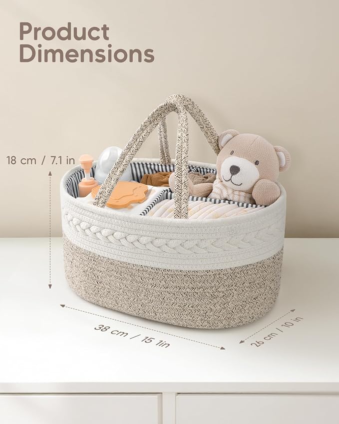Maliton Baby Diaper Caddy Organizer, X-Large Cotton Rope, Rustic Style, Portable, 3 Compartments, A-Brown - Image 2