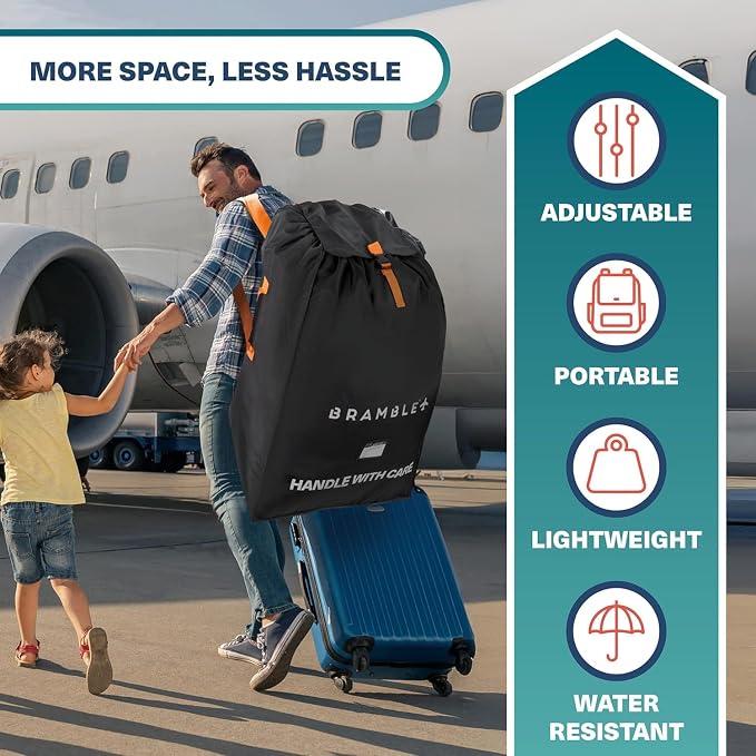 Bramble - XL Double Stroller Bag for Airplane Gate Check - Water Resistant Ballistic Nylon Travel Bag with Padded Neoprene Straps, Carry Pouch & ID Window - 39 x 26 x 16 Inches (Black) - Image 4