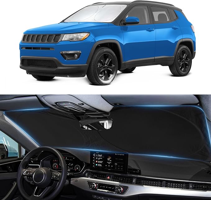 Windshield Sun Shade for Jeep Compass 2007-2017 Sunshade | Window Shield Custom Fit Compass Accessories Shade Sun Visor Foldable Block UV Rays by BOODANCARS