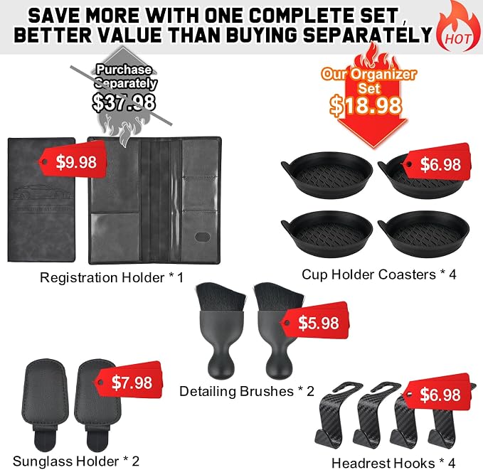 Car Accessories Gift Set for New Drivers, 13PCS Everyday Car Essentials Kit with Registration Insurance Holder, Cup Holder Coasters, Headrest Hooks & Cleaning Brushes for Men & Women - Image 8