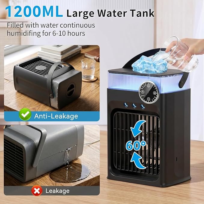 Portable Air Conditioner, Mini AC Unit for Bedroom | 1200ML Small Cooling Fan with Remote, 3 Mist 3 Speed 2-8H Timer Personal Air Cooler for Room Camping Office Car,Black - Image 4