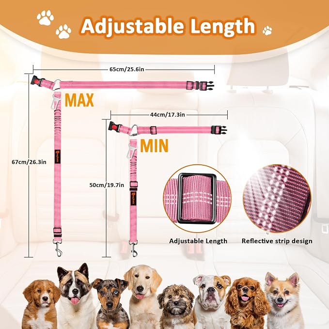 Laqibak Removable Dog Seat Belt Harness for Car, 3 in 1 Pet Seatbelt Leash | Retractable Headrest-Mounted,Restraint & Adjustable Reflective Bungee Dog Seatbelt Tether,Pink and Black - Image 7