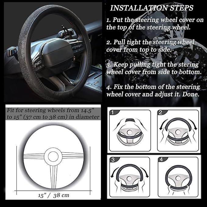 New Diamond Leather Steering Wheel Cover with Bling Crystal Rhinestones | Universal Fit 15 Inch Car Wheel Protector for Women Girls Black Diamond - Image 6