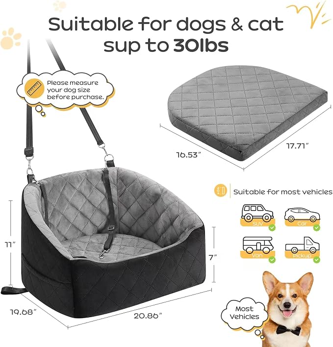 Dog Car Seat for Small Dogs Up to 30 Lbs, Pet Travel Safety Bed for Puppy Cat, Fits in Front/Back Seat, Anti Slip Base, Fully Detachable Washable with 2 Safety Tether(Grey-Black) - Image 2