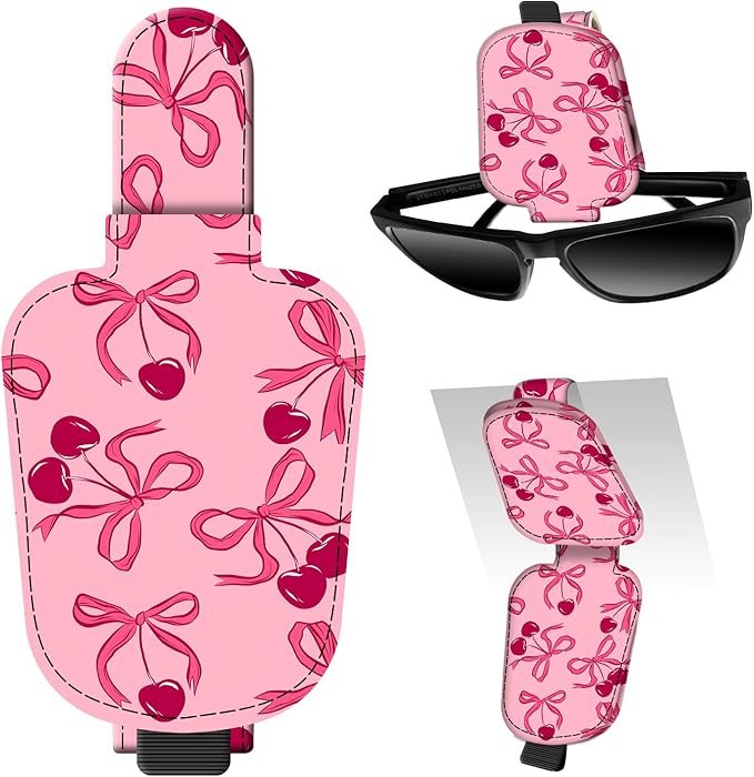 Leather Magnetic Sunglass Holder for Car Sun Visor, Cute Eyeglass Ticket Card Hanger Clip, Universal Auto Interior Accessories for SUV Pickup Truck Pink Bow by Unknown