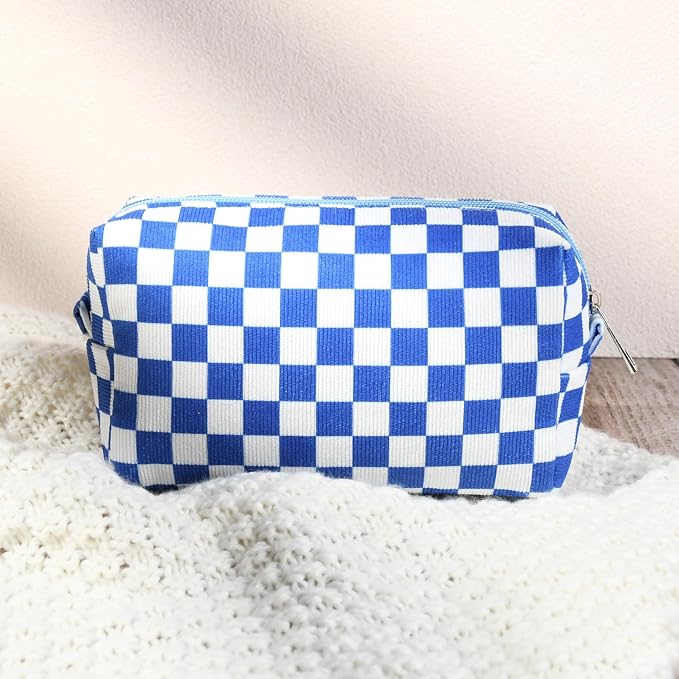 SOIDRAM 2 Pcs Checkered Makeup Bag Large Cosmetic Bag Toiletry Bag Makeup Pouch Travel Bag Organizer Cute Makeup Brushes Aesthetic Accessories Storage Bag for Women Royal Blue - Image 6