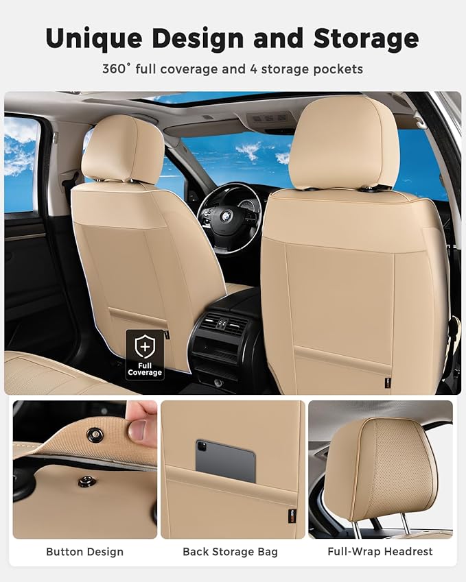 Huidasource Beige Seat Covers, Luxury Faux Leather Car Seat Cover, Velcro Adjustable, with Airbags, Seat Belts, Thinning Design Perforation Cooling＆Heating Fit for Most Cars, Vans, Trucks, SUVs, Beige - Image 5