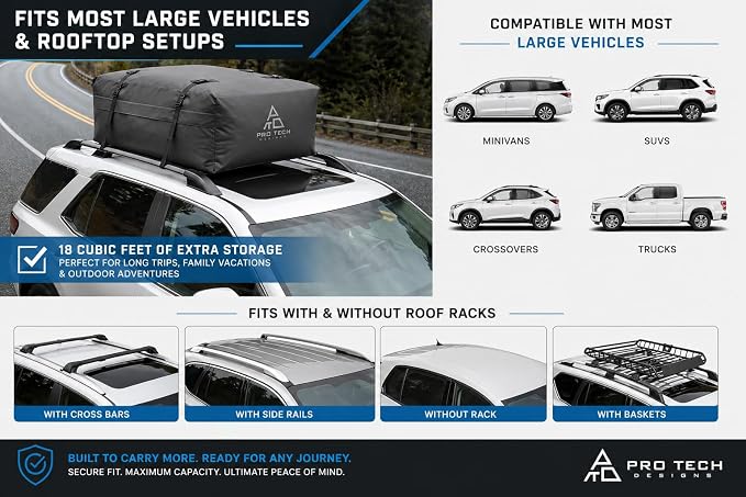 Journeyer 18 Waterproof Rooftop Cargo Carrier Bag, 18 Cubic Feet Vehicle Roof Storage with Straps & Door Hooks, Heavy Duty Car Top Carrier for SUVs, Vans, RVs & Trucks, 48" x 36" x 18" - Image 2
