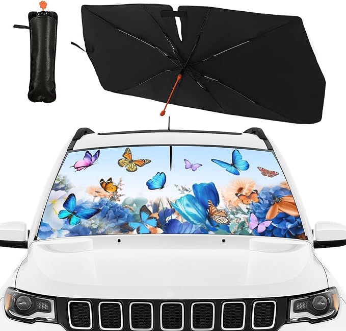 Butterfly Print Car Sunshade Umbrella Floral Windshield Sun Shade for Car Retractable Umbrella Sunshades for Front Window Butterflies Sun Shades Cover Visor Portector Block UV Rays - Image 2