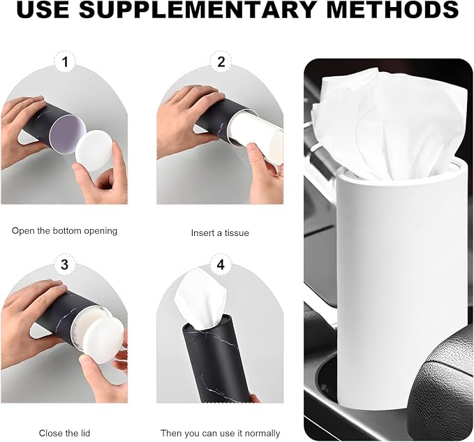 4 PCS Car Tissue Holder, Refillable Round Napkins Containers with Papers Inside, Convenient Travel Tissue Tubes Facial Paper Towel Cylinders for Vehicle Cup Holders (White) - Image 5