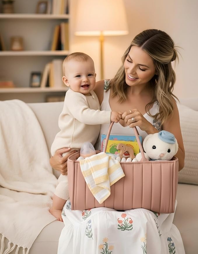 Baby Diaper Caddy Organizer-Large Nursery Storage Basket for Changing Table and Car - Portable Newborn Essentials & Wipes Bin - Gift for Baby Shower and Registry Must-Have (Rouge Pink) - Image 3