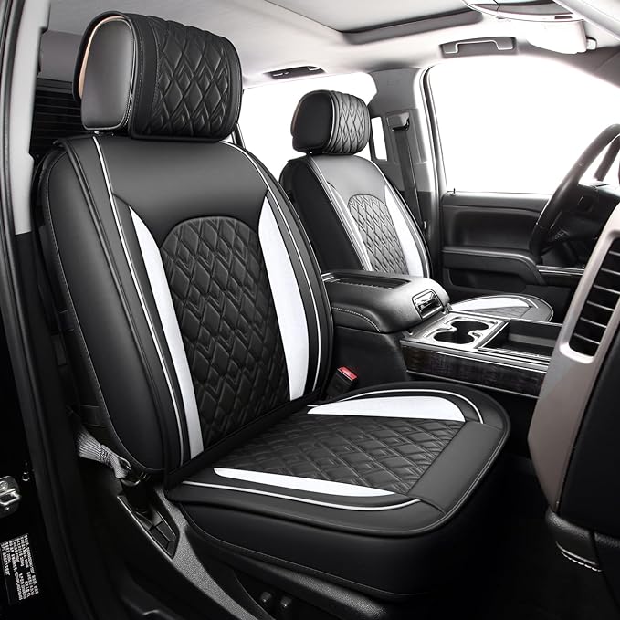 Chevy Silverado Seat Covers,Leather Seat Covers for GMC Sierra,Custom Fit 2007-2026 1500 2500HD 3500HD Crew Double Extended Regular Cab,LT LZT RST Trail Boss(Full Set,Black White) by JOJOBAY