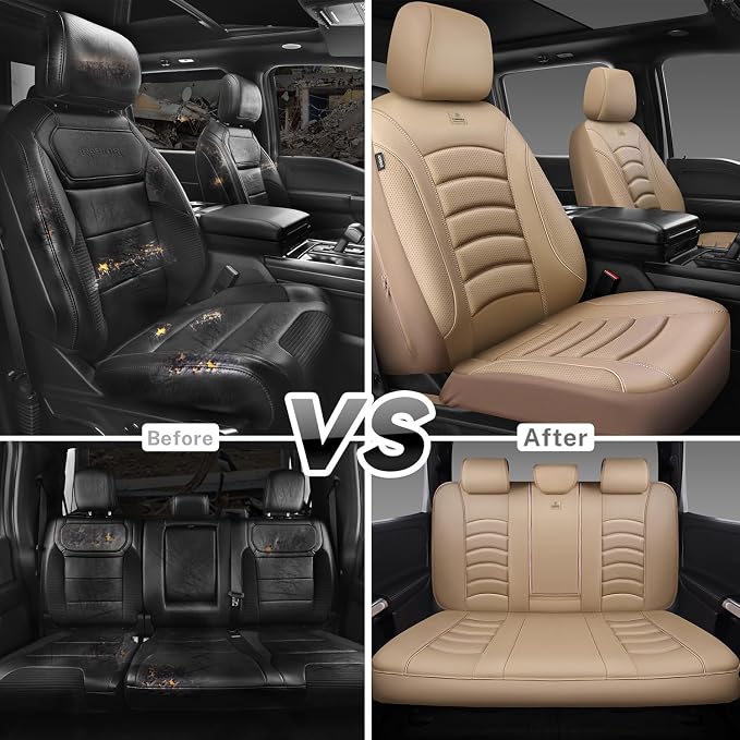 CAR PASS 3D Foam PU Leather Car Seat Covers, Universal Seat Covers Full Sets for Trucks SUV Sedan Automotive Seat Covers Armrest Airbag Compatible Waterproof Comfortable Faux Nappa Leather All Beige - Image 6