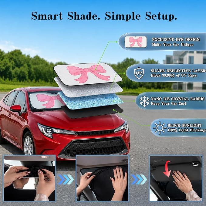 Car Windshield Sun Shade, Universal Fit Compact Sedan SUV, Watercolor Bow | 59 x 27.5" Car Sun Visor, Foldable Front Window Sunshade, UV Heat Protection, Girly Bow Series - Image 4