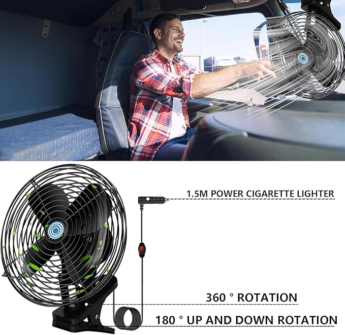 Ultra-Quiet Portable Car Fan, 8 Inch clip-on Cigarette Lighter Fan, All Metal 12V Golf Cart Fan, car seat fan, car cooling fan with Clip Cigarette Lighter Plug forTruck, Boat, Buses, Tractor,Camper - Image 5