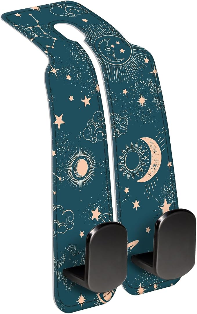 Car Seat Back Storage Headrest Hook, Premium Leather Double Metal Hook, Hanger Storage Organizer for Purse Cloth Bag, Car Interior Accessories Cute Blue Sun Boho by Unknown