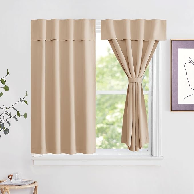 NICETOWN Biscotti Beige Kitchen Blackout Curtains 48 Inches for Nursery | Farmhouse Thermal Insulated Self Adhesive Blackout Draperies for Small Window, Set of 1, 42" x 48" by NICETOWN