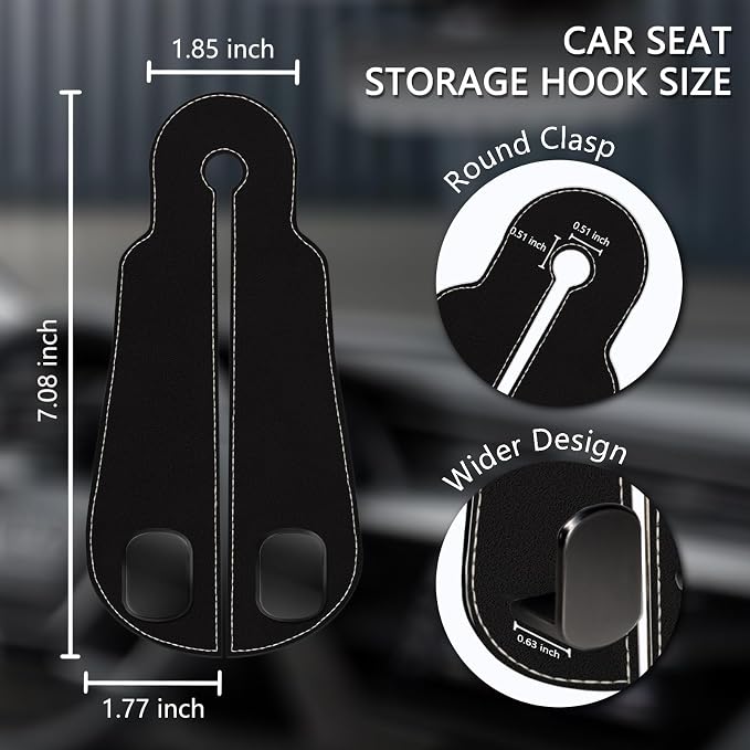 Blusabaca 2PCS Car Seat Headrest Hooks, Purses Bags Holder, Black | PU Leather, Double Metal Back Storage Hangers for Grocery Bags Handbags Bottles Coats Phones, Car Accessories Organization - Image 5