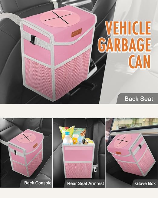 Pritent Car Trash Can with Lid Leakproof Car Garbage Bag Vehicle Trash Bin | Hanging Automotive Garbage Can,Multipurpose Car Accessories for Women Men Interior Car Storage Organizer(2.8 Gal,Pink) - Image 6