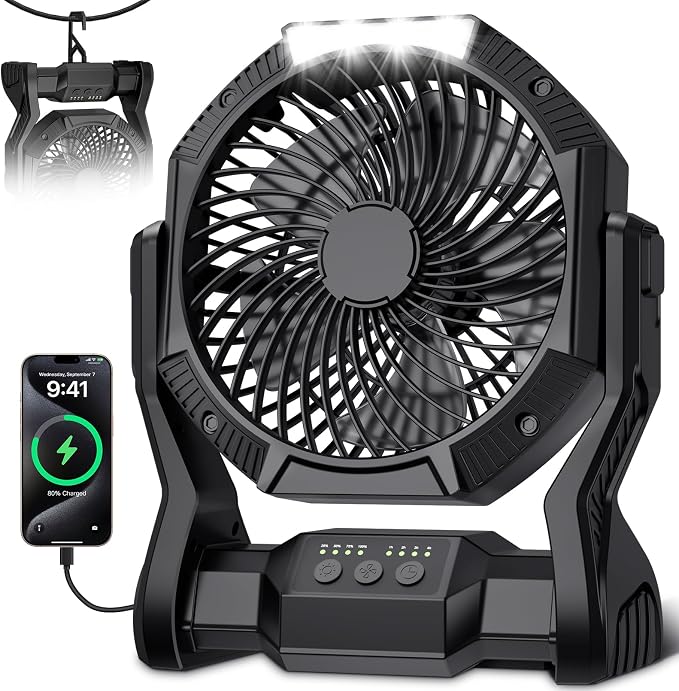 Portable Rechargeable Fan, 20000mAh Battery Powered Camping Fan with LED Light & Hook, 270° Adjustable, 4-Speed, 4H Timer Camping Essentials for Outdoor Tent Travel BBQ Car, Gifts for Men Dad - Image 2