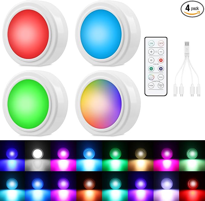 4 Pcs Magnetic Wireless Interior Car Led Lights with Remote Control | 16 Colors USB Rechargeable, Touch Ambient Led Lights for Decor by LYCARESUN