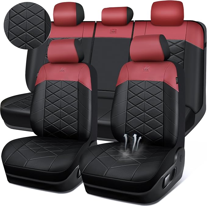 CAR PASS Memory Foam Leather Seat Covers Full Set, Breathable Perforated Nappa Leather Seat Covers Universal Fit for Most Sedans,SUV,Trucks Thick 3D Foam Comfort, Airbag Compatible Black Burgundy Red by CARPASS