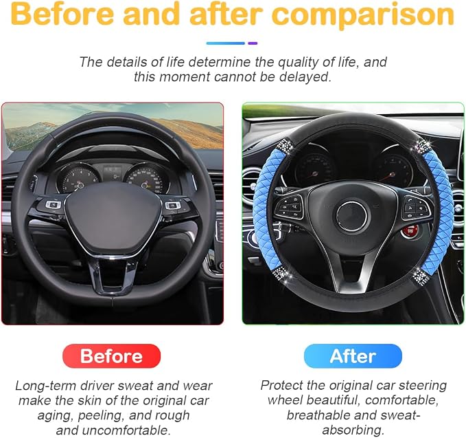 Osilly 15 Inch Rhinestone Leather Steering Wheel Cover, Blue | breathable non-slip surface, flexible ringless design, hand-stretch setup, fits matching rim sizes, automotive accessories - Image 5