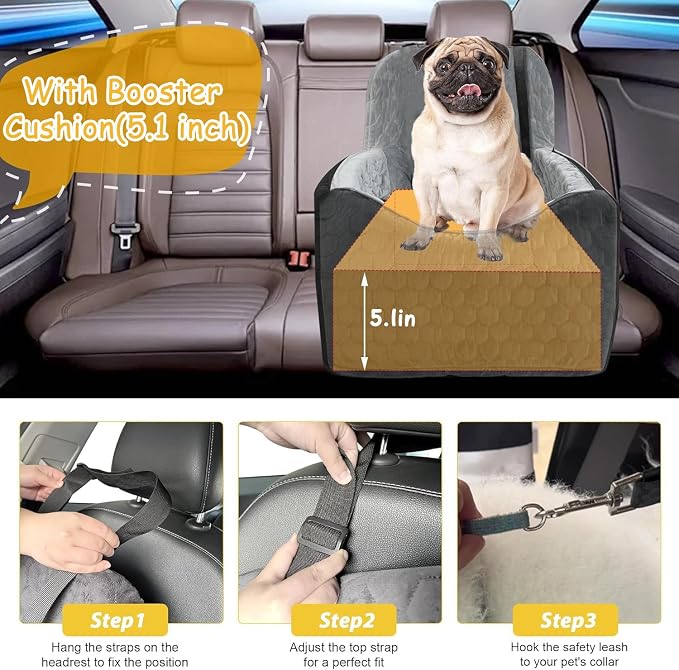 Dog Car Seat for Small/Medium Dogs, Memory Foam Dog Booster Seat, Travel Safety Per Car Seat with Washable Removable Cover, Storage Pockets, up to 35 lbs(BlackGray) - Image 5