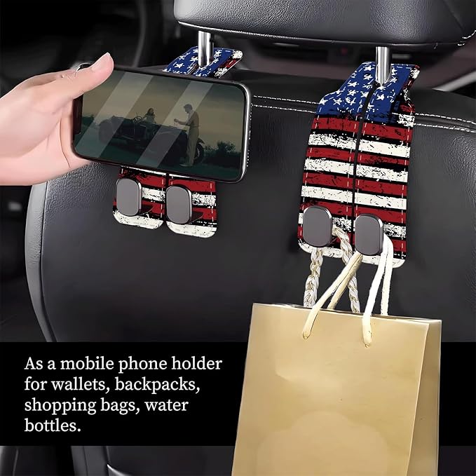 Car Seat Headrest Hook, Universal Leather Cute Hanger Holder Hook, Storage Organizer Interior Accessories for Purse Bags Handbag Vintage American Flag - Image 2