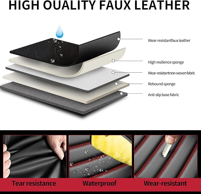 Car Seat Covers Compatible with Nissan Murano 2011-2026 S SL SV LE SE Platinum. Waterproof & Breathable Leather.Compatible with Airbag.All-Weather Seat Cushion Protector(2 Front/Black+Red) - Image 4