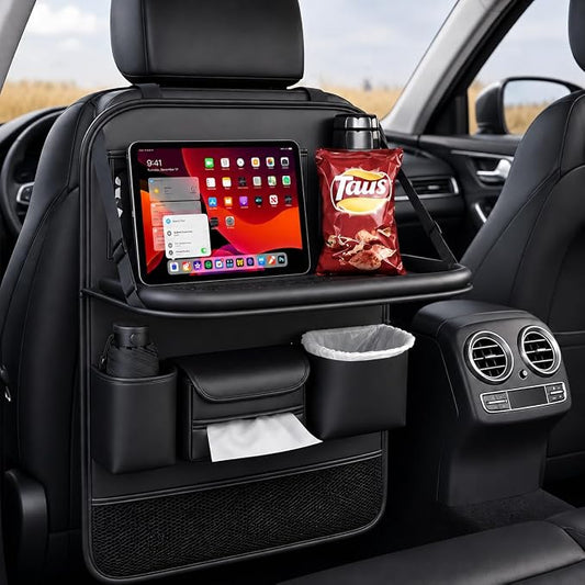 5-in-1 Backseat Car Organizer with Car Seat Tray, Car Backseat Organizers | Reinforced Fold-Down Car Seat Tray, Hidden Trash Bin, Tablet Holder, Vegan Leather, 8 Pockets by Unknown