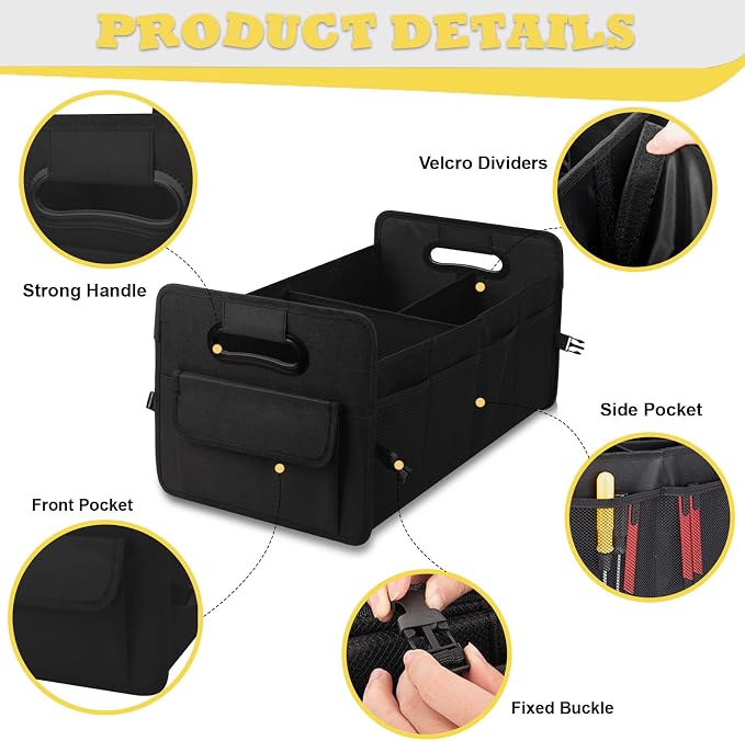 JiatuA Car Trunk Organizer, Car Organizers and Storage Collapsible Multi Compartment Container Box, Adjustable Car Accessories for SUV Sedan Truck, Standard Size, Black | Sturdy, Large Capacity, Clean Decor, Multi Compartment Container Box, Adjustable ... - Image 3